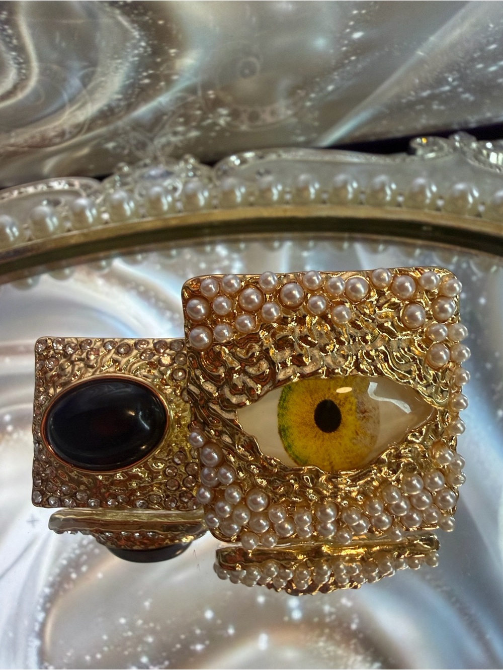 Gold Pearl & Rhinestone Square Eye Stud Earrings - Gold